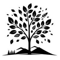 A stylized black and white illustration of a tree with lush foliage and falling leaves, set against a backdrop of mountains and a small forest, suggesting nature and serenity. vector