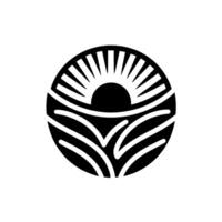 A minimalist black and white circular depicting a sunrise or sunset over stylized fields, creating a sense of harmony. vector