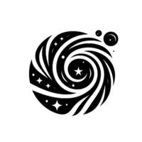 A monochrome illustration depicting a swirling celestial body with a star and stars, creating a cosmic with circular, abstract shapes and textures. vector
