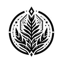 Intricate black and white circular featuring stylized leaves and geometric elements within a dotted border, symbolizing natures elegance. vector