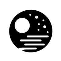 Minimalist black and white circular depicting a celestial scene with a large moon, stars, and horizontal lines suggesting a horizon. vector
