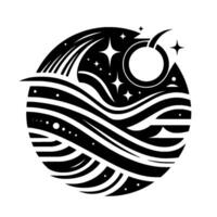 A monochrome circular depicting a celestial scene with a stylized moon, stars, and waves, evoking a sense of cosmic harmony. vector