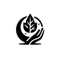 Symbolic Hand Embracing Leaf Within a Circle, Representing Sustainability and Nature Conservation, Bold Black White Design. vector
