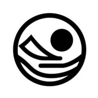 Symbolic circular featuring a stylized landscape within a solid black outline, showcasing a mountain, sun, and water, evoking tranquility. vector