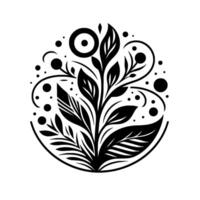 Minimalist Black and White Floral Design A symmetrical composition of leaves, dots, and circular elements, creating an elegant and modern botanical illustration. vector