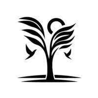 Minimalist black and white emblem featuring a stylized tree with leaves, a partial sun, and birds, symbolizing growth and freedom. vector