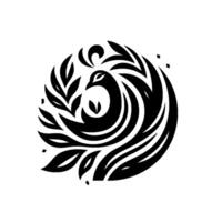 Elegant minimalist black and white circular emblem featuring a stylized bird integrated with organic leaf elements, set against a plain white background. vector