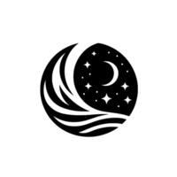 A minimalist, circular featuring a crescent moon, stars, and flowing lines, evoking serenity and the night sky. vector