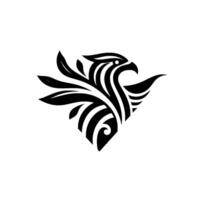 Stylized Black and White Eagle with Abstract Geometric Design, Featuring Curved Lines and Leaf Elements, Set Against a White Background. vector
