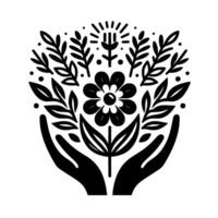 A stylized, monochromatic illustration depicts nurturing hands cradling a blooming flower and foliage, symbolizing growth and care, with a delicate, dotaccented composition on a white background. vector
