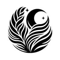 A symbolic black and white depicting a crescent moon with stars, nestled within stylized leafy forms, evoking a sense of natures tranquility and nocturnal beauty. vector