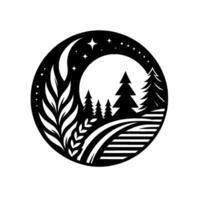 Black and White Circular Illustration Forest Scene with Moon, Stars, Trees, Fields, and Foliage, Nature Design. vector