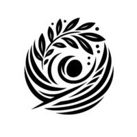 Abstract, symmetrical black and white featuring a stylized leafy branch within a circular composition of curved lines and a central, dark sphere. vector
