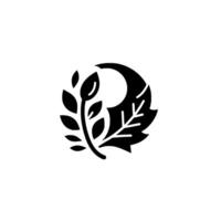 A minimalist black and white botanical featuring a stylized sprig with leaves, intertwined with a crescentshaped leaf structure. vector