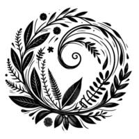 An elegant black and white botanical illustration showcasing a stylized circular arrangement of leaves, ferns, floral elements, and decorative flourishes on a pristine white background. vector
