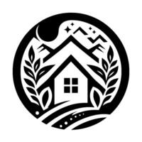 A minimalist black and white logo, presenting a house with a fourpaned window, embraced by leaves and mountains, under a moon and stars, all encased in a circular frame. vector
