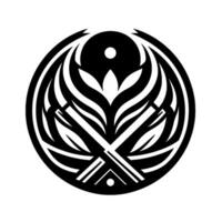 A symmetrical, black and white emblem with a central floral design, crossed lines, and dots, contained within a circle, against a stark white backdrop. vector