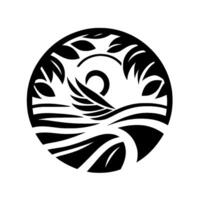 A stylized, minimalist black and white illustration within a circle, depicting a crescent sun above layered waves, with leaves outlining the perimeter, possibly representing nature. vector