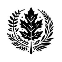 A symmetrical, highcontrast black and white featuring a stylized leaf at the center, encircled by various foliage elements. vector