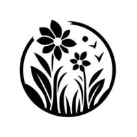 A stylized monochrome floral emblem, featuring two blossoms, blades of grass, and birds within a circular frame, on a white background, exuding tranquility and minimalistic beauty. vector