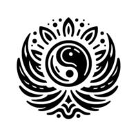 A symmetrical black and white featuring a Yin Yang symbol at the center, encircled by stylized wings and decorative elements evoking balance and harmony. vector