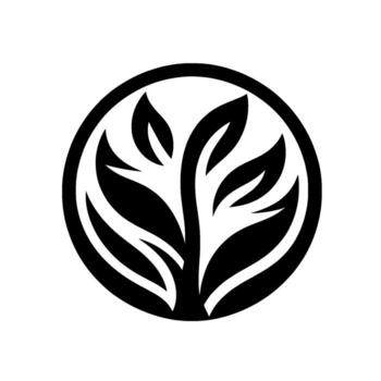 A minimalist black and white featuring a stylized plant with multiple leaves inside a circular frame, evoking simplicity, nature, and harmony. vector