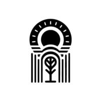 Black and White Minimalist Icon Sun over a leafbearing tree within an archway, surrounded by vertical lines, conveying natural harmony. vector