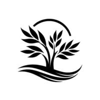 A minimalist black and white featuring a stylized tree, a stylized arch, and stylized water at the base, creating a that symbolizes growth, nature, and harmony. vector