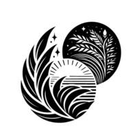 Abstract YinYang composition of nature, featuring a crescent and circle encompassing leaves, sun, and starry night elements rendered in a minimalist monochrome style. vector