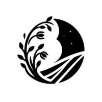 Black and white minimalist of a stylized crescent moon with stars, a winding path, and a blooming floral branch, all enclosed within a circle. vector