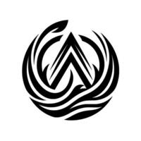 A stylized black and white featuring a geometric A shape encompassed by swirling, tribalinspired elements, suggesting motion and unity. vector