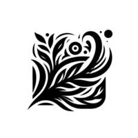 A minimalist black and white of stylized floral elements enclosed in a square frame, suggesting nature. vector