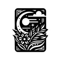A stylized black and white illustration showcasing a floral arrangement juxtaposed with celestial elements moon, stars, and clouds, within a rectangular frame. vector