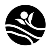 Stylized, minimalist depicting a circle framing a person with leaves, atop water, evoking a sense of tranquility and nature. vector