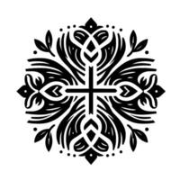 Symmetrical Black and White Illustration of a Floral Cross Motif with Ornamental Leaves and Decorative Elements. vector