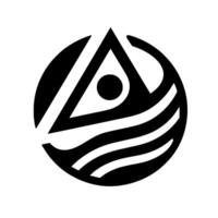 A minimalist black and white emblem with a circular frame, a central triangle with a dot, and a series of horizontal wavelike lines, suggesting balance and harmony. vector