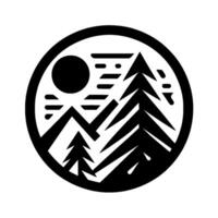A minimalist, circular black and white illustration of a mountain landscape with a sun, trees, and abstract shapes, evoking natures tranquility. vector