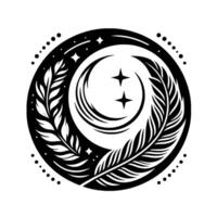 Mystical Circular Design Crescent Moon, Stars, and Botanical Elements Within a Black Circle on White, Illustrating Tranquility. vector