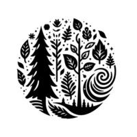 Silhouetted forest elements within a circle, showcasing a minimalist, decorative of trees, leaves, and swirling water against a white backdrop. vector