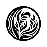 A symmetrical black and white botanical design, featuring stylized leaves and flowing lines within a circular frame, evoking balance and nature. vector