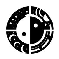 Abstract Black White Circular Design Symbolic Composition with Celestial Elements like Moons, Stars, and Geometric Shapes vector