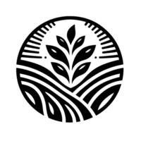 A stylized, monochrome depicting a central leafy plant growing from a landscape of rolling fields, within a circular frame. vector