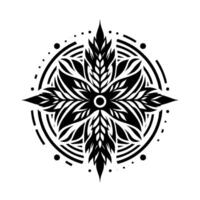 Intricate Black and White Floral Mandala with Pointed Petals, Circular Elements, and Geometric Design, Symbolic of Harmony. vector