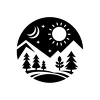 A Monochrome Circular Design Day and Night Nature Scene Featuring Mountains, Trees, Sun, Moon, and Stars. vector