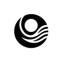 Minimalist Black and White Logo Abstract Orb with a Circular Sun or Element and Flowing Wavelike Lines, Evoking Energy and Movement vector