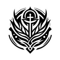 A symmetrical, black and white emblem featuring a stylized Christian cross at the center, encircled by a series of organic and geometric shapes, exuding a sense of balance and spiritual symbolism. vector