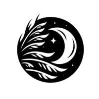 A circular, minimalist illustration features a crescent moon and star within a dark background, framed by stylized plant silhouettes in a striking black and white composition. vector