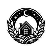 A stylized black and white emblem featuring a house with a chimney, set at night beneath a crescent moon and stars, framed by laurel leaves. vector