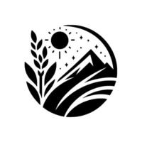 Minimalist monochrome depicting a mountain range under a sun, with wheatlike plant, all inside a circle. vector