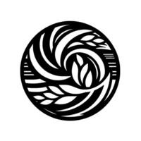 Intricate black and white symmetrical circular featuring stylized wheat and leaf patterns, creating a balanced, artistic composition. vector